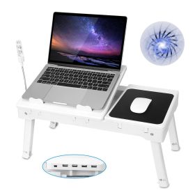 Foldable Laptop Table Bed Notebook Desk w/Cooling Fan Mouse Board LED light 4 x USB Ports Breakfast Snacking Tray with Storage Groove For Home Of (Color: White)
